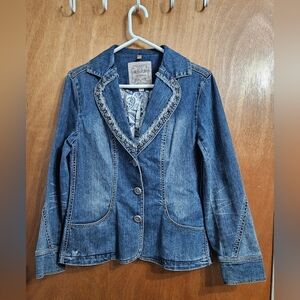 Brighton Heart Denim Jean Blazer Jacket Medium Lrg Wash Embellished Lined Bling